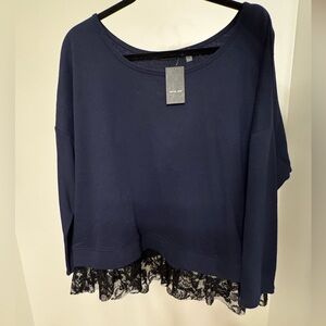 Verve Amí Navy Blue Lace Trim Sweatshirt Size 1X NWT Cotton Blend